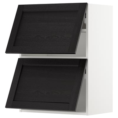 Black wooden kitchen cabinet with two open doors, white frame.