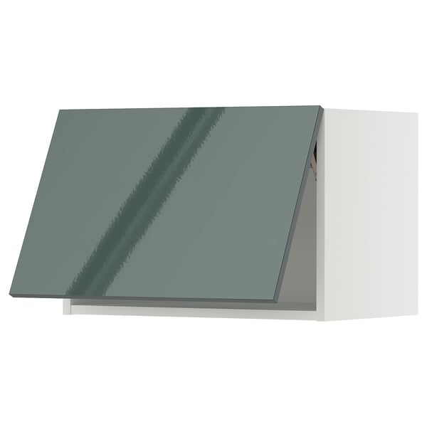 Modern grey-green high-gloss kitchen cabinet, rectangular, with sleek lines and a stylish, contemporary design.