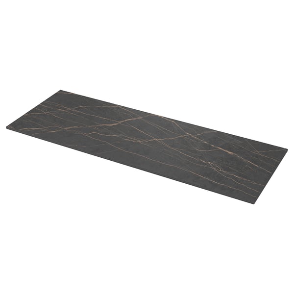 Black rectangular marble-style MÖCKLARP worktop. Allows customization with edge, length, depth, and cut-outs. Easy to clean and highly durable.