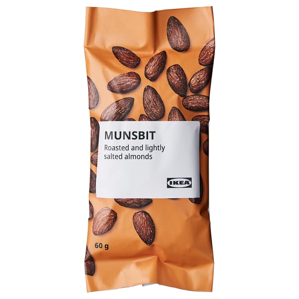 Package of IKEA MUNSBIT roasted and lightly salted almonds, 60g.