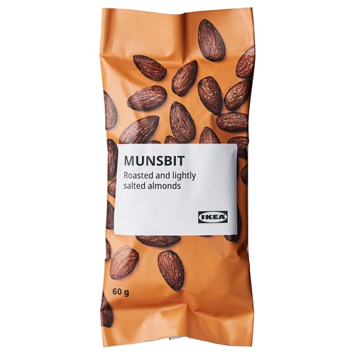 Package of IKEA MUNSBIT roasted and lightly salted almonds, 60g.