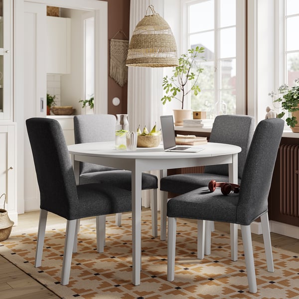 NÄSINGE / BERGMUND Table and 4 chairs, white/Gunnared medium grey white, 120 cm