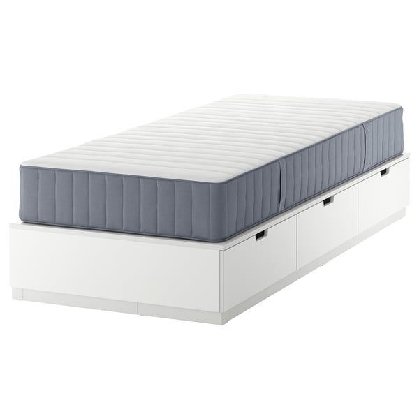 NORDLI white bed with blue mattress. Modern storage bed with 3 drawers, clean design for space-saving.