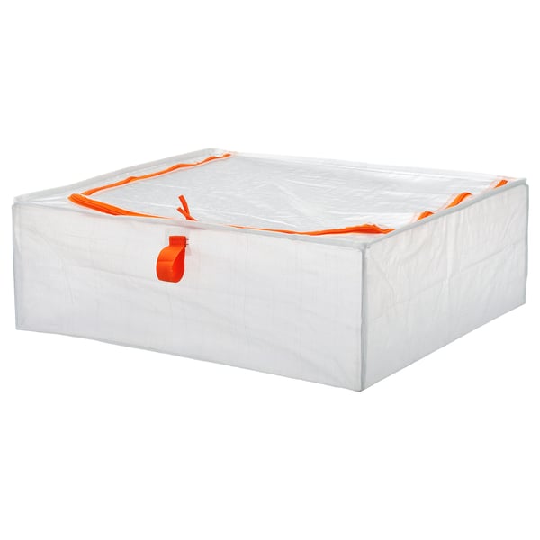 A white PÄRKLA storage case with orange accents and zippers, rectangular in shape, designed to hold seasonal items.