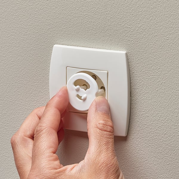 Hand inserts white safety plug into wall socket to prevent access.