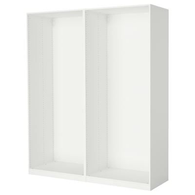 An ikea PAX wardrobe frame, white, rectangular, with an open structure and adjustable feet.