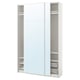 White PAX wardrobe with glass doors, metal shelves, and mesh basket for storage. Sliding doors, modern design.