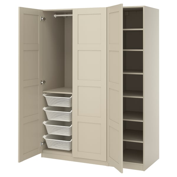 Beige PAX wardrobe with open doors, featuring mesh baskets and shelves.