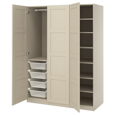 Beige PAX wardrobe with open doors, featuring mesh baskets and shelves.