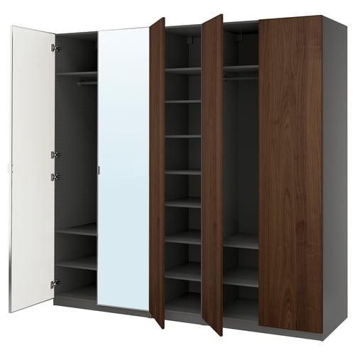 PAX wardrobe: three open sections - left mirrored, middle wooden, right wooden. Tall, dark brown, rectangular, modern design.