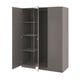 Grey PAX wardrobe, open doors revealing shelves. Modern, minimalist design with mirrored doors.