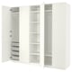 An open white PAX wardrobe with shelves and mesh baskets, featuring soft-close hinges and a sleek, modern design.