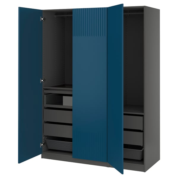 Blue PAX wardrobe with drawers and shelves.