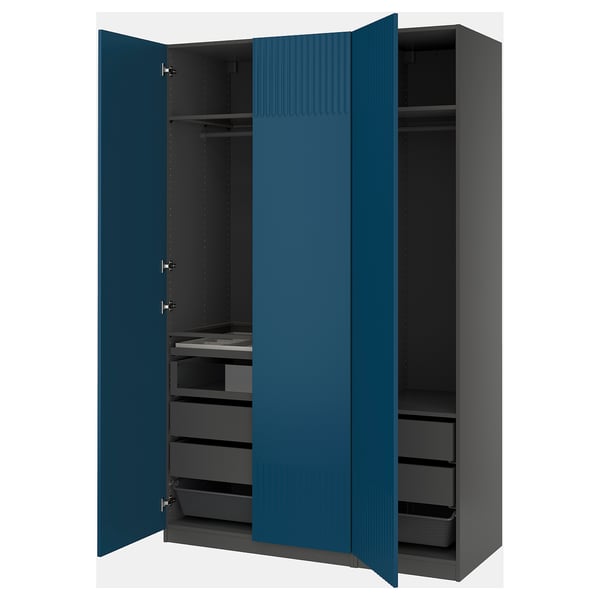 PAX wardrobe: blue, metal, rectangular, modern design with mesh baskets & drawers.