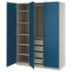 A blue ikea PAX wardrobe. It has two open doors revealing shelves and drawers, offering storage space with a modern design.