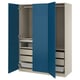 Blue and beige wardrobe; PAX by IKEA. Offers drawers, shelves, mesh baskets, and hanging space. Soft-close hinges.