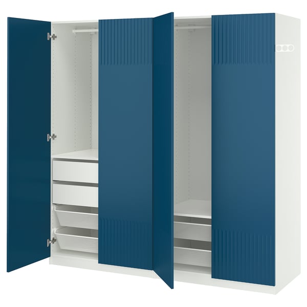 Blue PAX wardrobe with mesh drawers revealed.