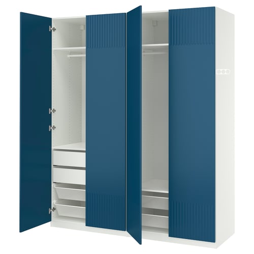 Blue PAX wardrobe: 3 sections, 2 drawers, 2 shelves. Soft-close doors.