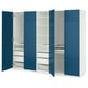 A blue PAX wardrobe with open doors, revealing shelves and drawers, combining functionality with a sleek design.