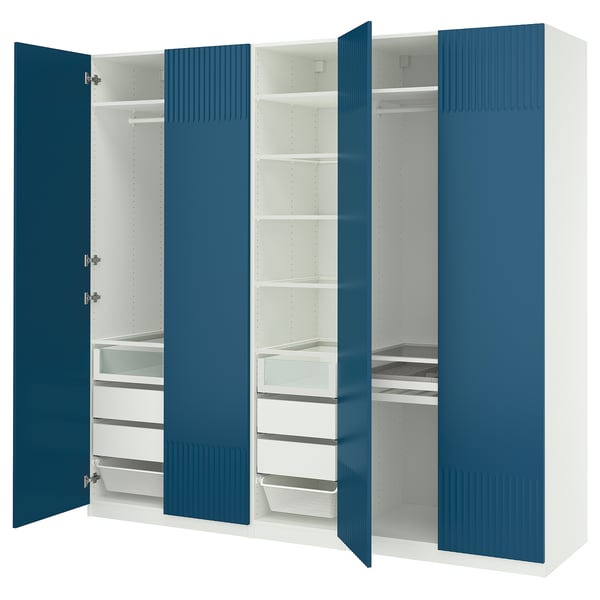 PAX blue-white wardrobe, modern, rectangular, with four sections, featuring shelves, drawers, and hanging space.