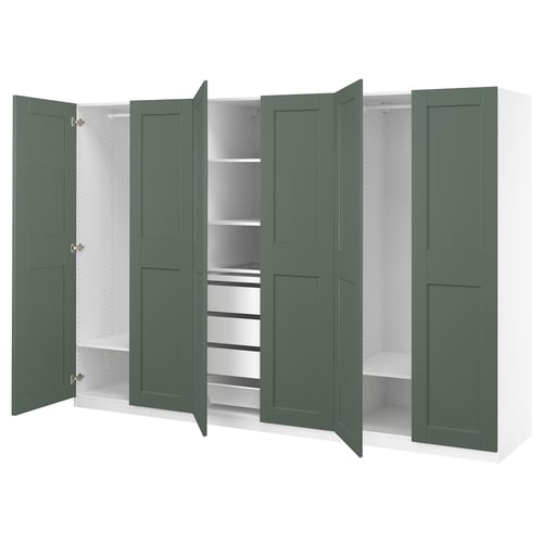 PAX wardrobe: green doors, white interior, soft-close hinges, adjustable shelves & drawers.