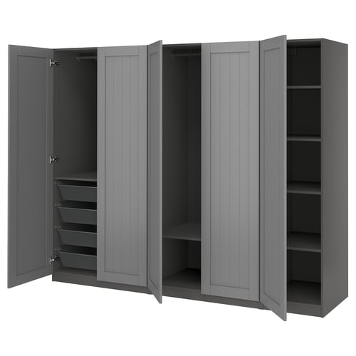 Grey PAX wardrobe with open doors, shelves, and mesh baskets; modern design.