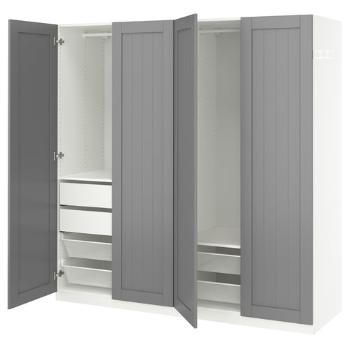 IKEA PAX wardrobe in grey with open doors, white shelves, and mesh baskets.
