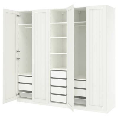 White PAX wardrobe, 3-part. Shelves, drawers, rail. Modern, vertically panelled.