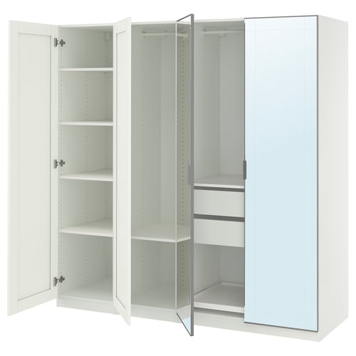 White PAX wardrobe with mirrored doors and open shelves.