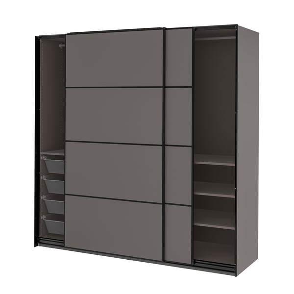 Modern dark grey sliding door wardrobe with mesh drawer, minimalist design.