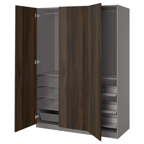 An open brown and gray PAX wardrobe with shelves, drawers, and a hanging rail.