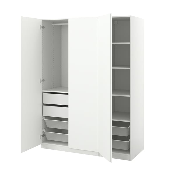 White PAX wardrobe with open doors, showing shelves and storage compartments, modern design.