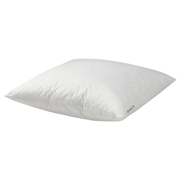 White rectangular pillow with feather filling, soft cotton cover, for stomach sleepers.
