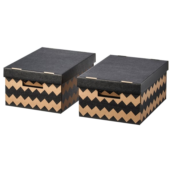 Two black zigzag-patterned storage boxes side by side. Sturdy, with cut-out handles.