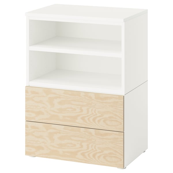 White PLATSA storage unit with light wood grain drawer, open top shelves.