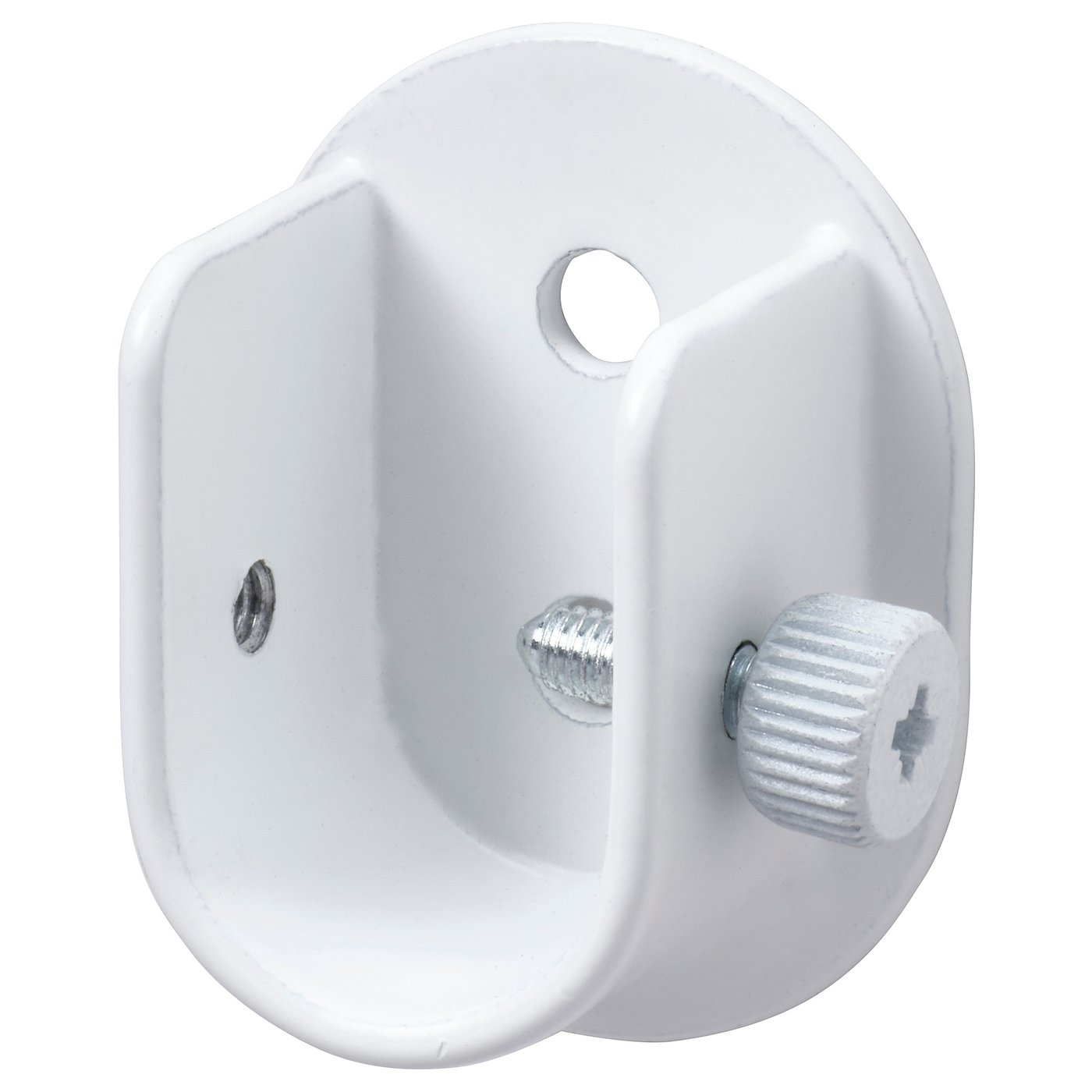 White metal wall mount with two screws, one circular hole, and a semicircular cutout, used for hanging curtains.