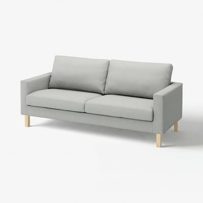 Modern grey upholstered sofa with light wood legs, simple & clean design.