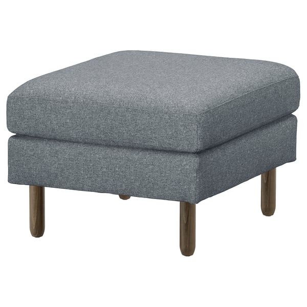 Comfortable modern grey fabric footrest; sturdy wooden legs, simple design.