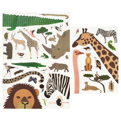 Safari-themed wall stickers, including giraffes, lions, zebras, and more, white background. Decorative, self-adhesive, paper-made.