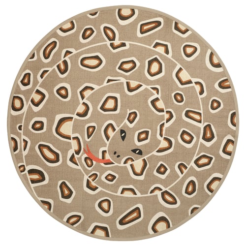 Circular rug, sand-colored with snake pattern. A coiled snake graphic, rubber backing for grip. Neutral tones, cotton material.