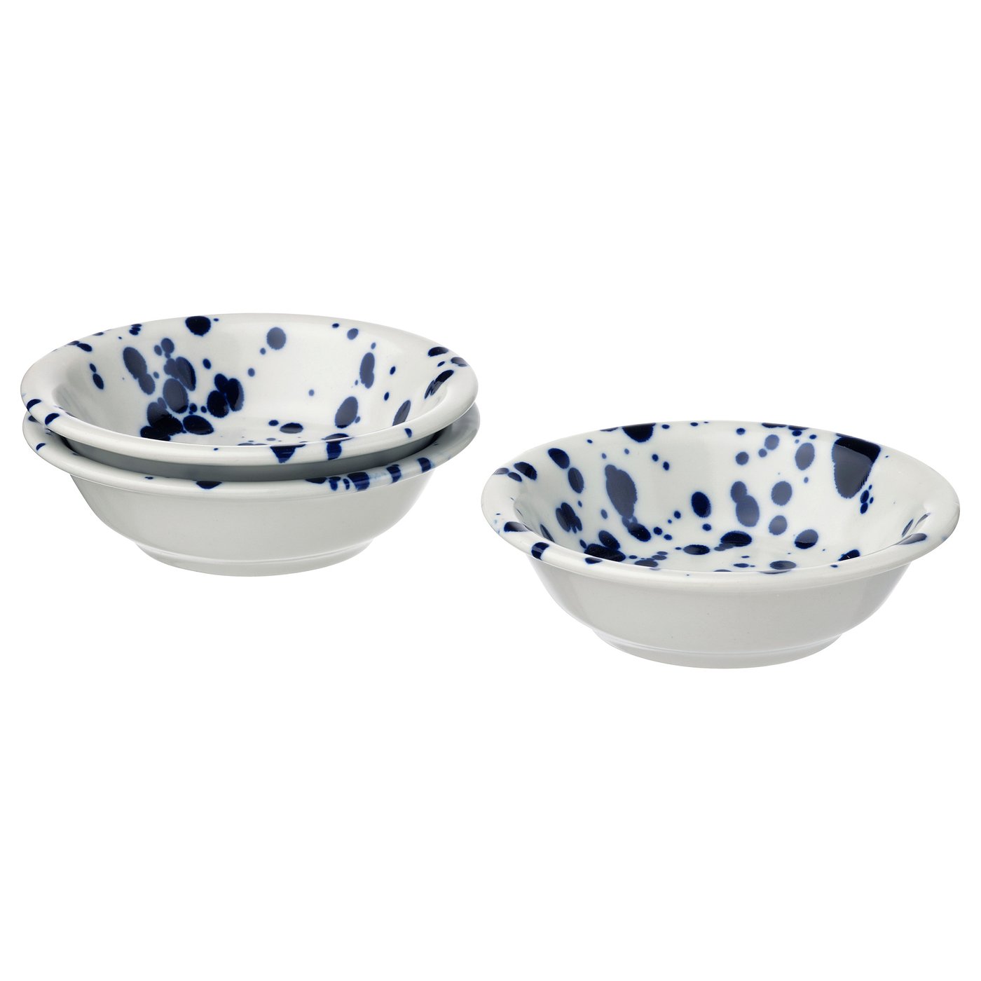 Three white bowls with blue splatters, stacked, round, ceramic.