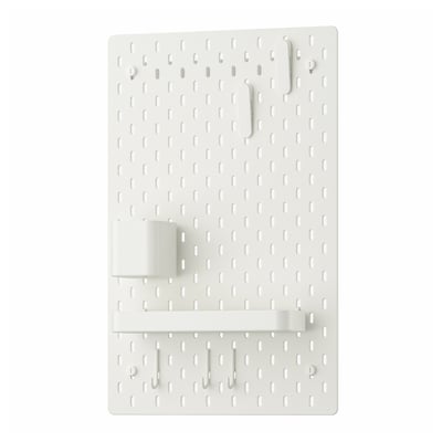 SKÅDIS white pegboard with accessories: hooks, shelf, basket. Modern, organised design.