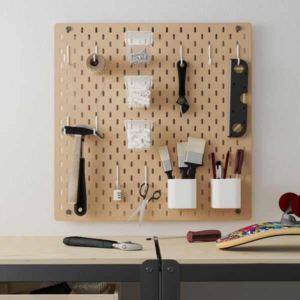 SKÅDIS pegboard organiser with tools and containers.