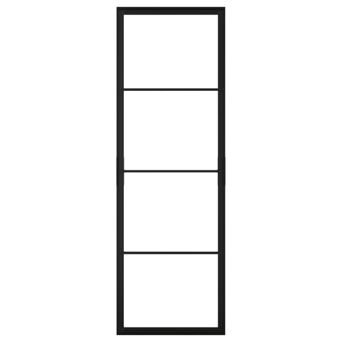 A minimalist, black-framed SKYTTA sliding door. The door has a rectangular shape with four empty compartments and is made of aluminium.