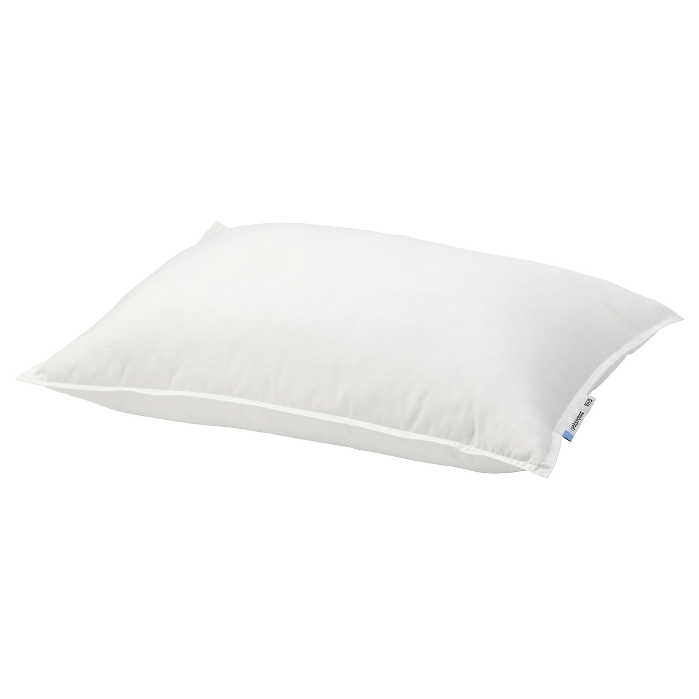 A white pillows named SMÅSPORRE, soft yet firm, washable at high temperatures, made from recycled polyester and cotton.