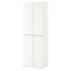 A white ikea SMÅSTAD wardrobe, a tall cabinet with two doors, adjustable feet, and hooks behind closed doors.