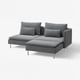 Modern grey l-shaped sofa, deep seats, polished metal legs, sleek design.