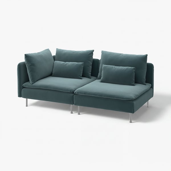 Modern teal right-angle sectional sofa with sleek metal legs and square throw pillows.