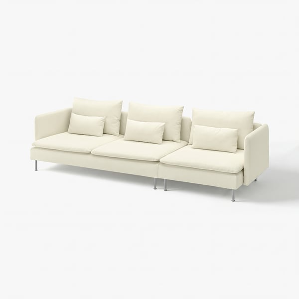 A white SÖDERHAMN sofa with clean lines and deep seats, supported by slim metal legs. It has a modern, minimalist design with removable cushions.