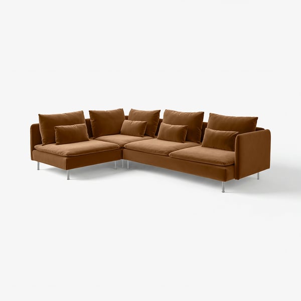 SÖDERHAMN: brown sectional sofa with velvet upholstery, deep seats, and metal legs.